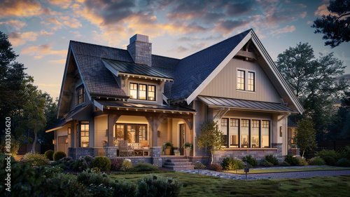 Pre-dawn angle of a warm taupe craftsman cottage with a rustic gambrel roof, the first hint of morning light beginning to reveal the homea photo
