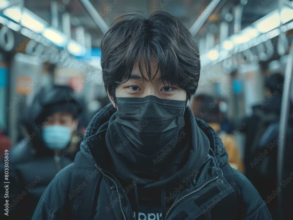Portrait of a young Asian man wearing a mask on a subway train Portrait of a young Asian man wearing a mask on a subway train