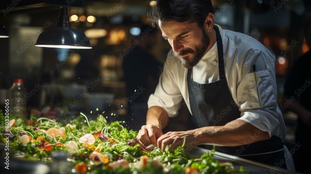 Chef carefully preparing a salad in a commercial kitchen Chef carefully preparing a salad in a commercial kitchen