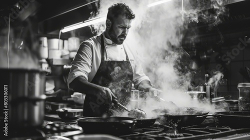 Black and white photo of a chef cooking in a professional kitchen photo