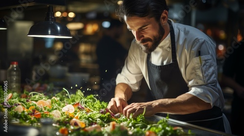 Chef carefully preparing a salad in a commercial kitchen