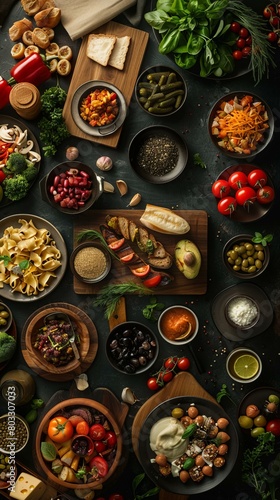 A variety of fresh and healthy food ingredients are arranged on a dark background.