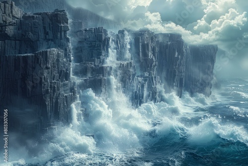 Huge sea waves crashing against a rocky coast