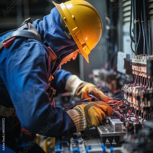 An electrician wearing a hard hat and safety gear works on an electrical panel