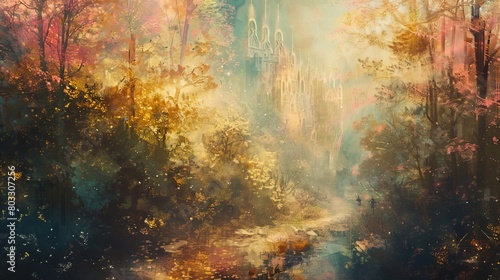 Whimsical castle in an enchanted forest with magical autumn colors and surreal sky