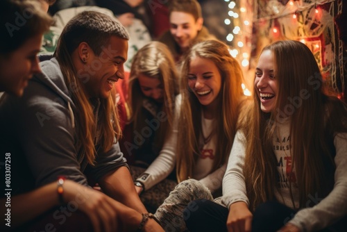 Laughing Friends Sitting Together In A Tent