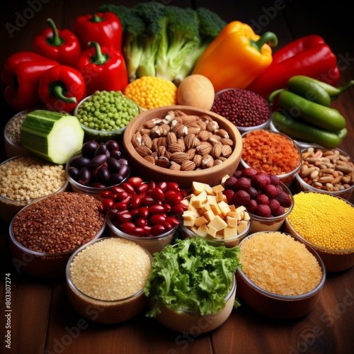 A variety of healthy food ingredients arranged on a wooden table