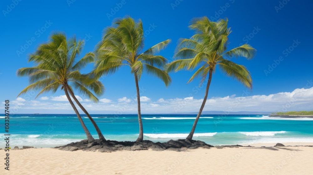 Three palm trees on a tropical beach with white sand and blue water