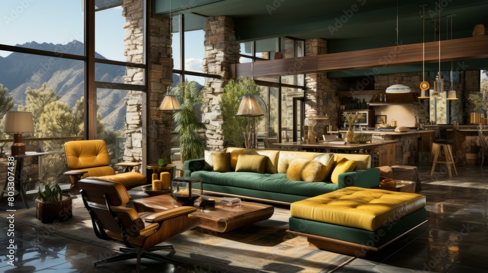 Modern living room interior with large windows and mountain views