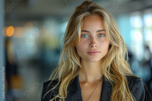 Wallpaper Mural Portrait of a beautiful young blonde woman with blue eyes in a black suit Torontodigital.ca