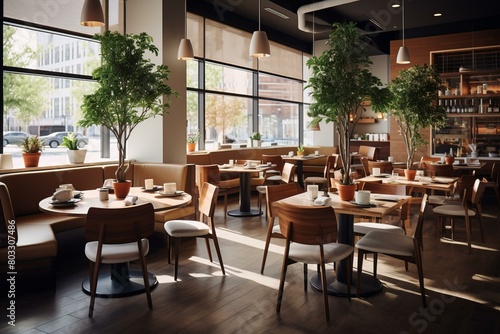 Fine dining restaurant with large windows and plants
