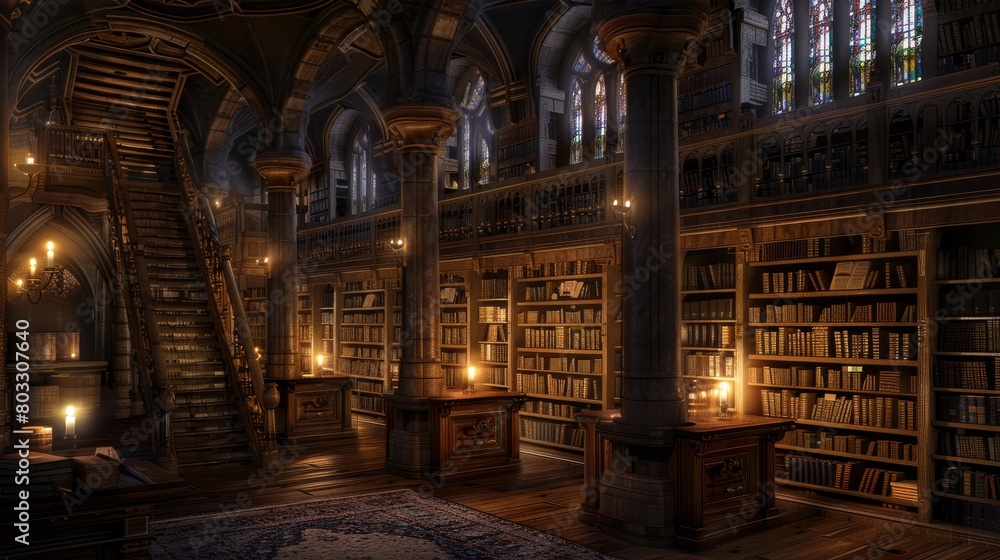 Enchanting fantasy library aglow with warm light in a medieval setting
