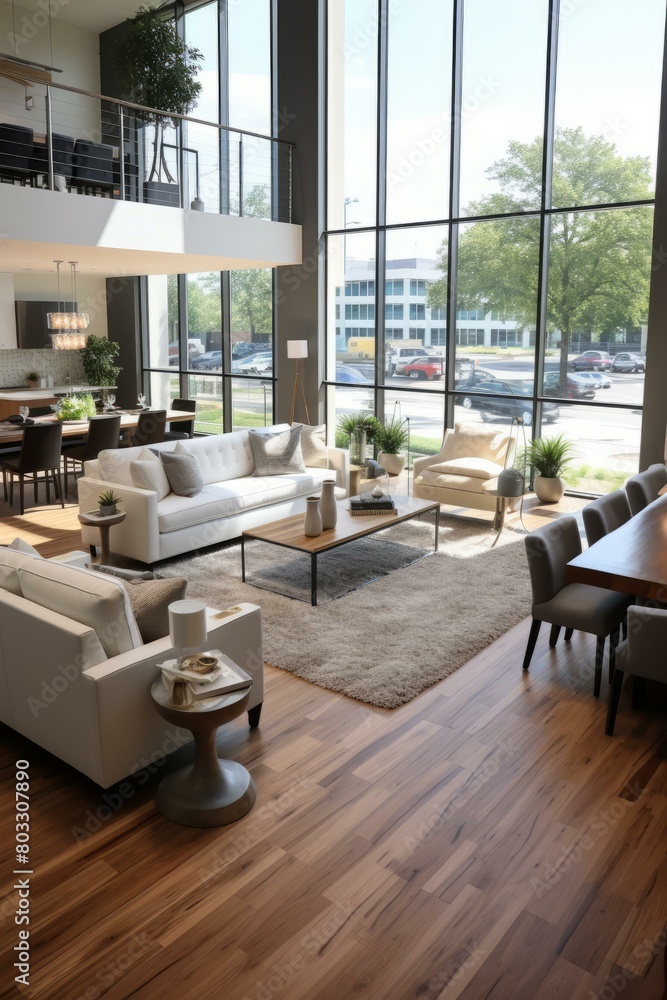 An open living room with high ceilings and large windows An open living room with high ceilings and large windows
