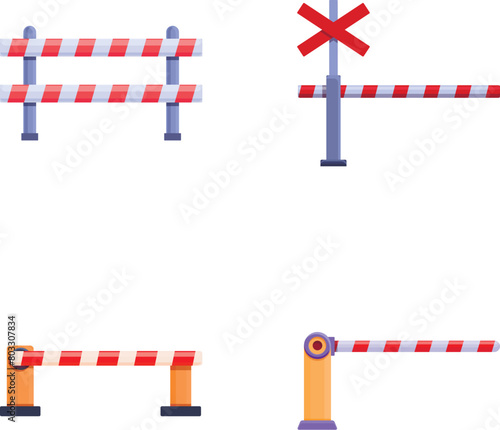 Railroad crossing icons set cartoon vector. Open and closed railway barrier. Warning sign