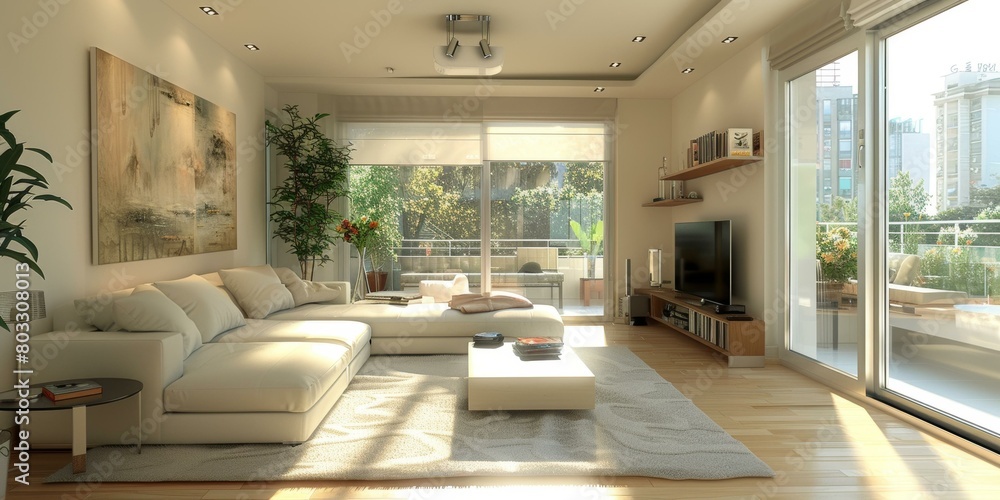 Obraz premium Airy and bright living room with large windows and a balcony