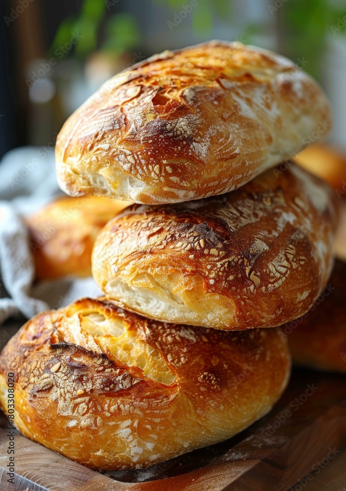 Three stacked loaves of freshly baked bread Three stacked loaves of freshly baked bread