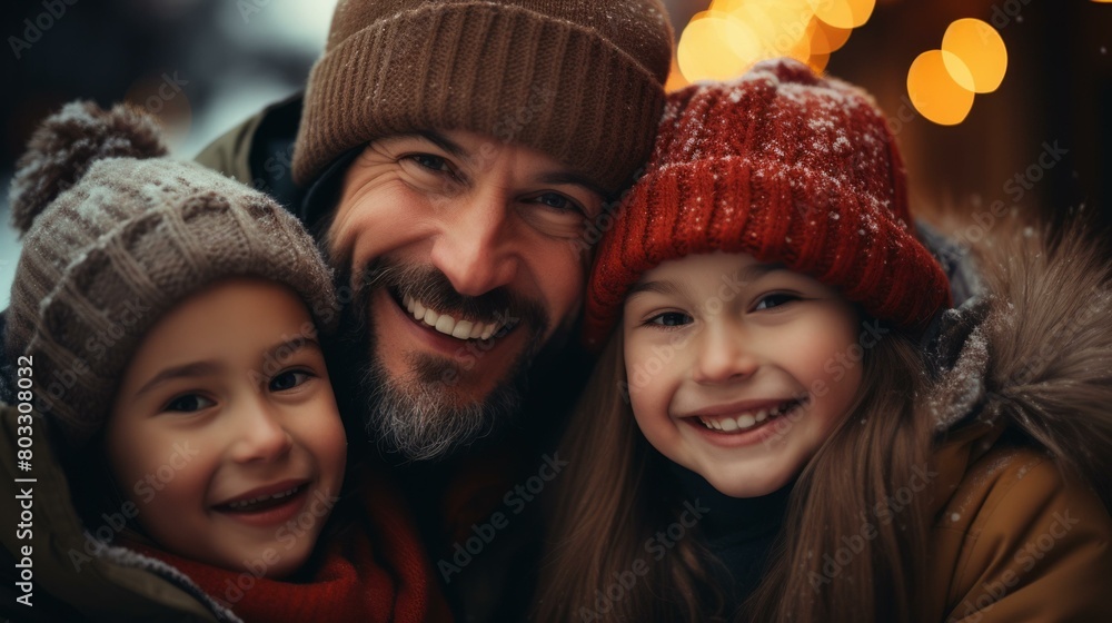 Happy family of three smiling together in the snow Happy family of three smiling together in the snow