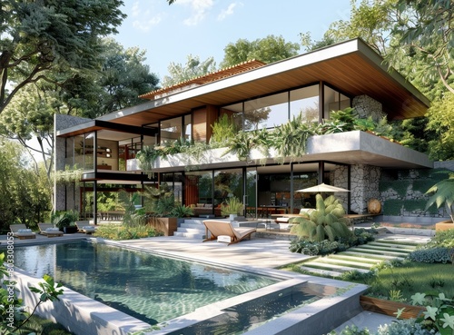 Modern luxury house with pool and garden © duyina1990