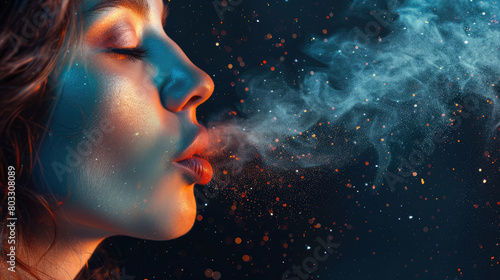 A girl exhales magical smoke with sparkles on a dark background.