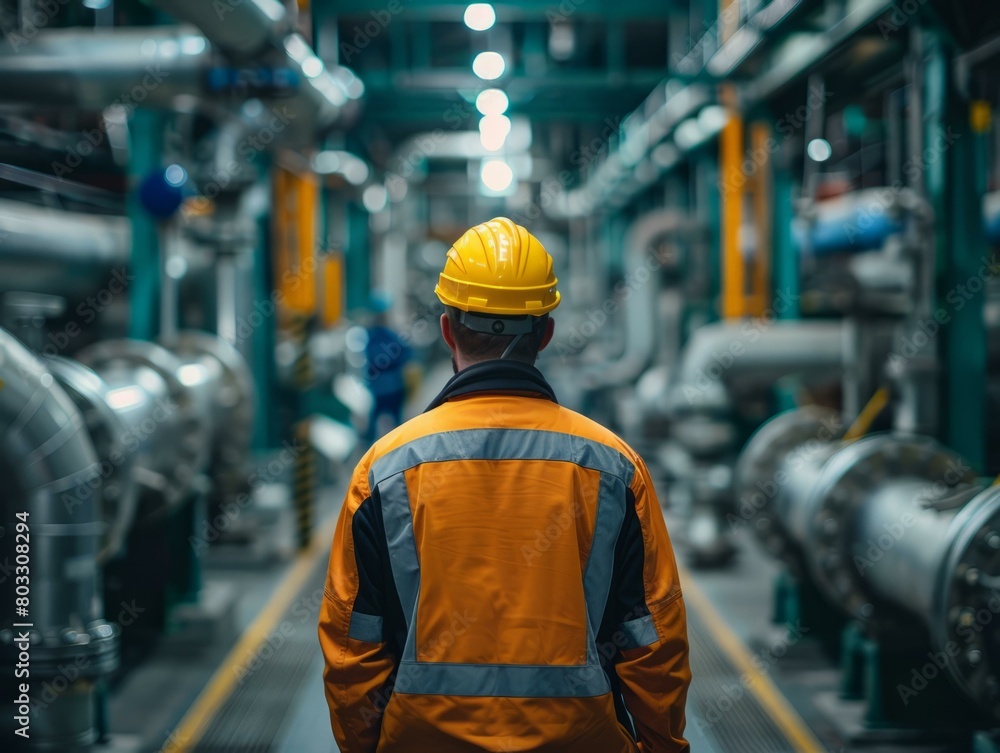 Male worker in orange uniform and yellow hard hat inspecting industrial pipelines Male worker in orange uniform and yellow hard hat inspecting industrial pipelines