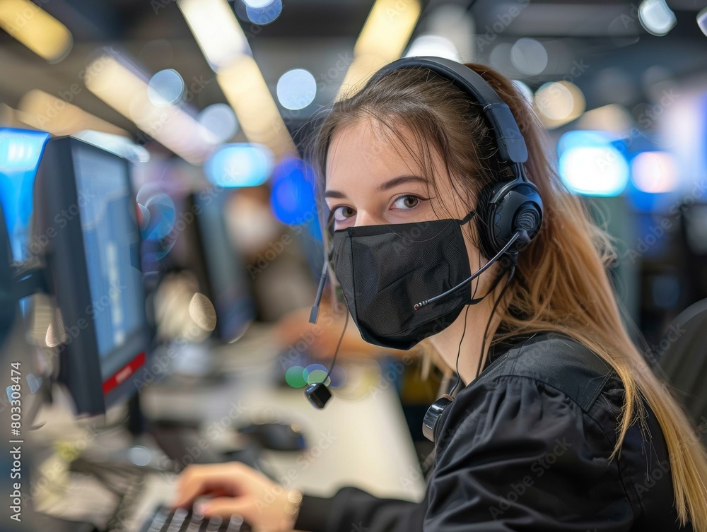 Portrait of a young female call center employee wearing a facial mask and headphones while working. Portrait of a young female call center employee wearing a facial mask and headphones while working.