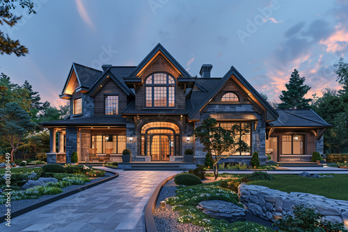 The front aspect of a luxurious champagne craftsman cottage style house, featuring a triple pitched roof, sophisticated landscaping, 