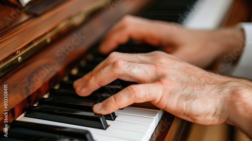 A man plays the piano. Close up image of hands