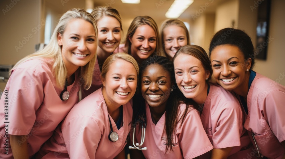 A group of female nurses posing for a photo in a hospital hallway A group of female nurses posing for a photo in a hospital hallway