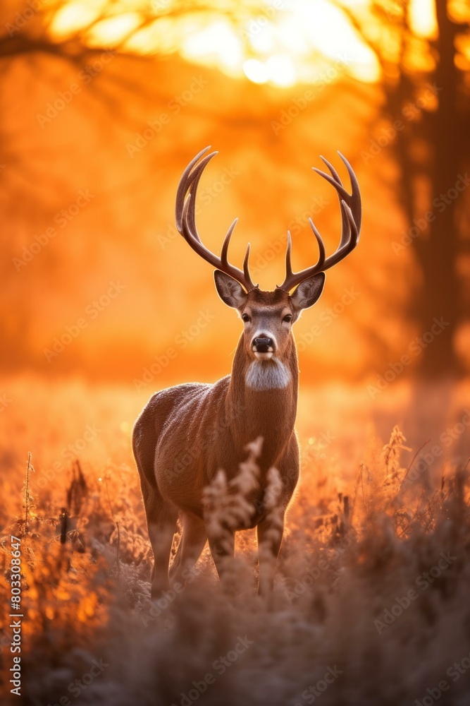 A majestic white-tailed deer stands in a field of tall grass at sunrise A majestic white-tailed deer stands in a field of tall grass at sunrise
