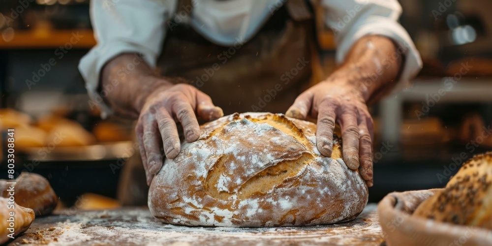 Baker kneading dough to make bread in the bakery