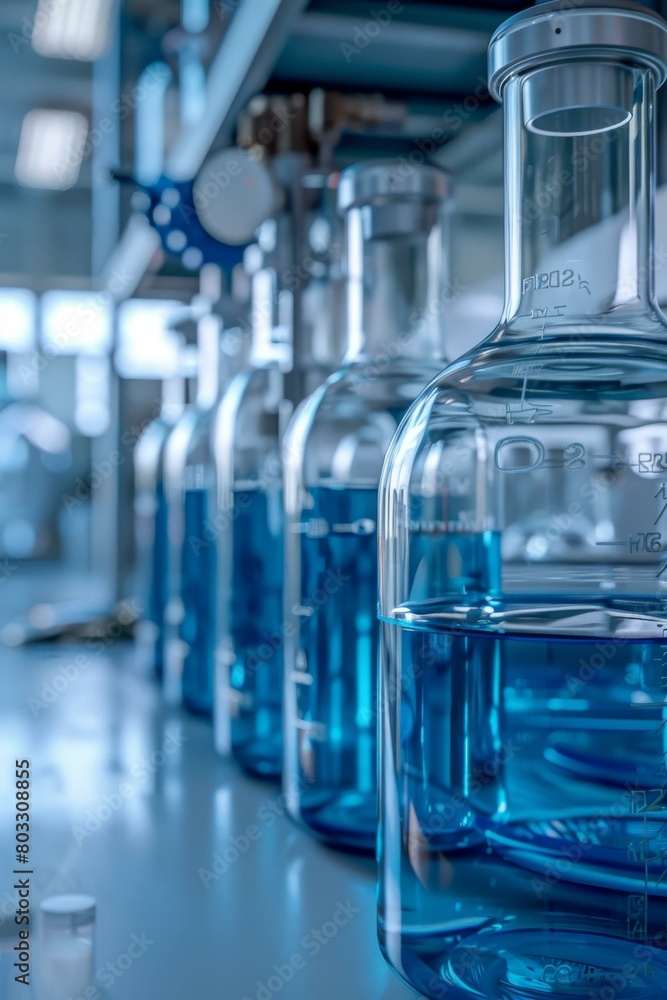 Blue liquid in glass bottles in a laboratory Blue liquid in glass bottles in a laboratory