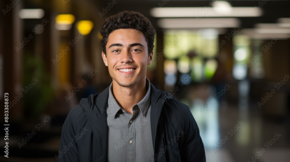 Portrait of a smiling young man with curly hair wearing a gray shirt and black jacket standing in a blurred hallway Portrait of a smiling young man with curly hair wearing a gray shirt and black jacket standing in a blurred hallway