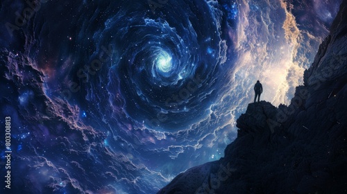 Silhouette of a person standing on a cliff overlooking a vast cosmic vortex