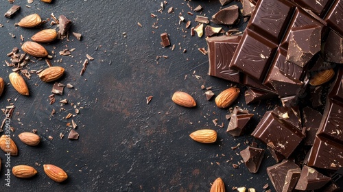 chocolate with almonds on dark grey background with copy space