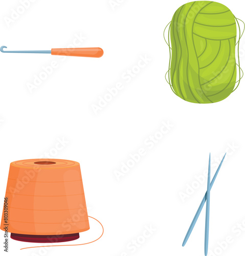 Crochet icons set cartoon vector. Knitting tool and colorful yarn. Handicraft accessory, hobby