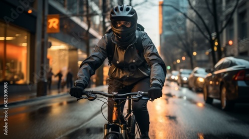 Cyclist rides through city streets in rain