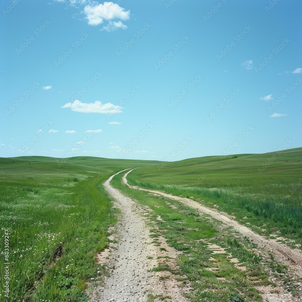 dirt road through a lush green field