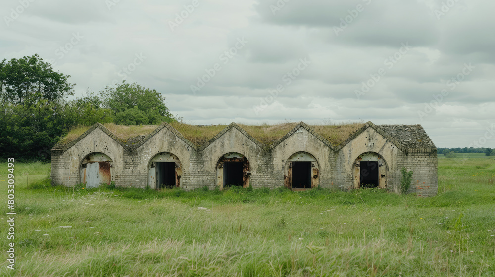 Obraz premium Abandoned military ruins in the forest. Hidden bunker in the meadow