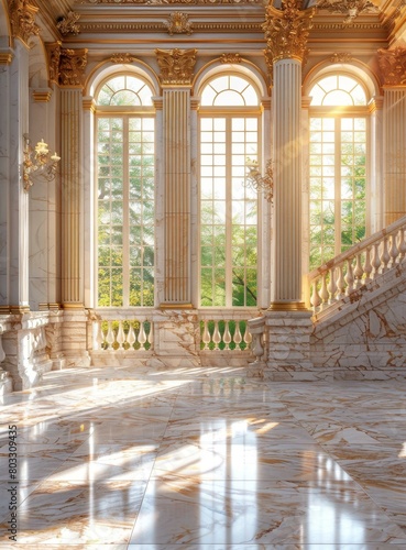 ornate hallway with marble floor and golden columns
