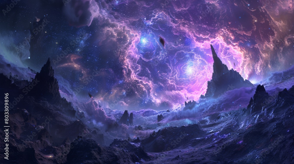 Stunning cosmic landscape of Celestial Chasm with glowing nebulae and rocky terrain