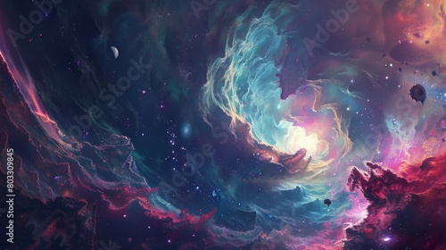 Vivid cosmic scene depicting the Celestial Chasm with swirling galaxies and vibrant nebulas.