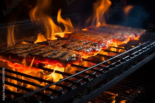 Grilled meat on a flaming barbecue