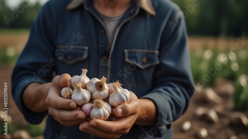 A man farmer holds a harvest of garlic in his hands Selective focus AI generated