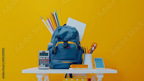 Teal blue school backpack with a calculator, books, and pens displayed neatly on a white table photo
