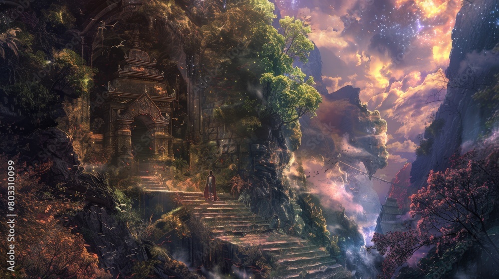 Mystical ruins in a serene forest, a robed figure marvels at ethereal lights'