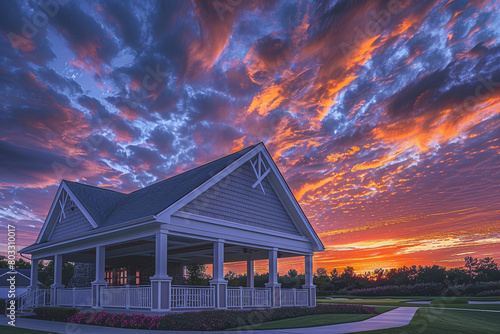 Ultra HD capture of a new clubhouse with a white porch and gable roof against a dramatic sunset sky. © Sana
