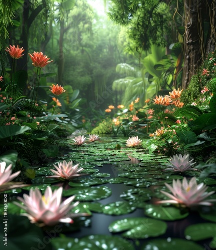 Mystical jungle flowers and pond