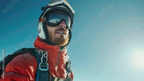 The picture of the professional skydiver wearing goggle doing skydiving in the sky under the bright light of the sun in the morning or noon and also wearing the parachute for safety landing. AIG43.