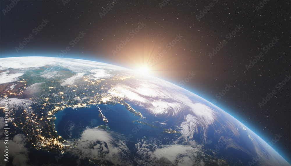 View of the earth from space during a Sunset over the planet elements 