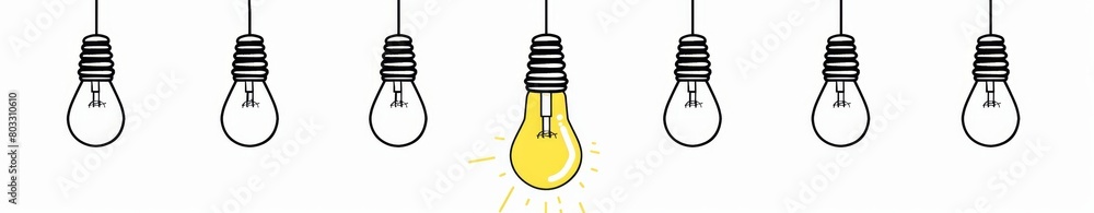 a line drawing of light bulbs on white background, one bulb is glowing yellow and the rest have their bulbs off Generative AI a line drawing of light bulbs on white background, one bulb is glowing yellow and the rest have their bulbs off Generative AI